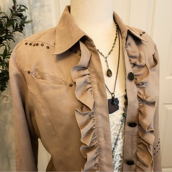 Faux Suede Ruffled Tan Jacket Metal Stud Accents - Picture 2 of 10